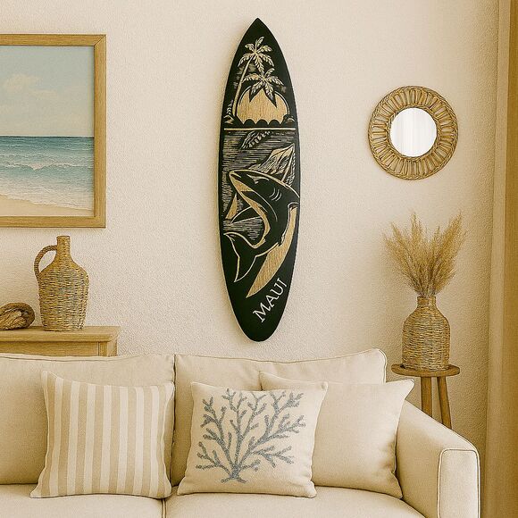 Hawaiian Hand Carved 23" Wood Surfboard MAUI Shark Sunset Palm Trees Turtles - Picture 1 of 8